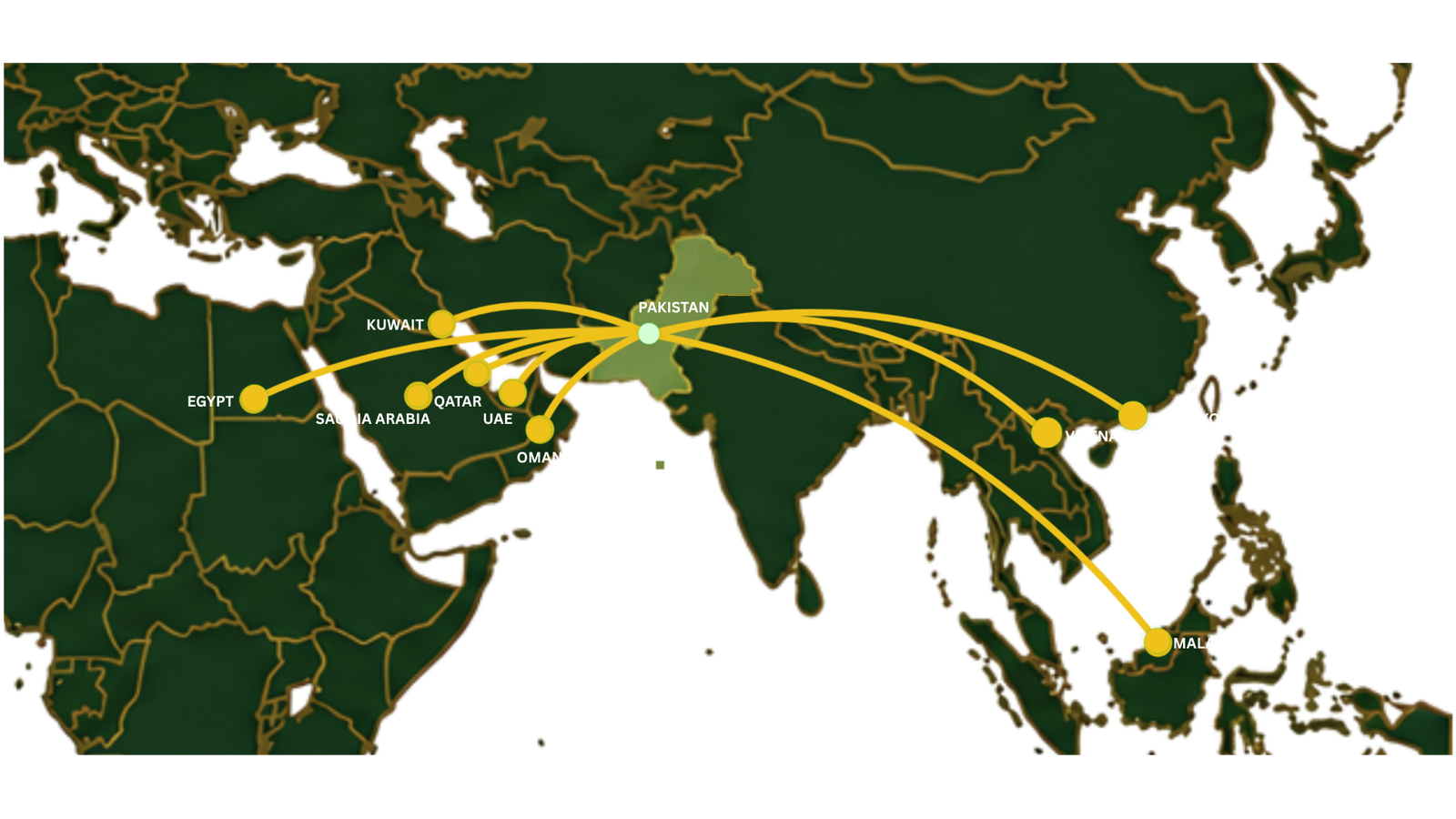 Trade route map from Pakistan to Egypt, Kuwait, Saudi Arabia, Qatar, UAE, Oman, Hong Kong, Vietnam and Malaysia